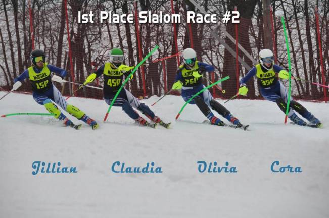 Sparta Ski wins again Sparta Girls Ski Team (from left to right) Jillian Stote, Claudia Calafati, Olivia Finkeldie & Cora Moriarty.