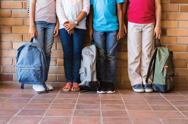 Heightened school safety concerns bring backpack bans Low section of elementary students standing outside class with backpacks. Legs of four boys and girls leaning in a row. Four multiethnic school children before the start of the lessons.