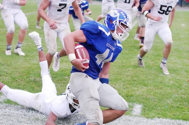 Kittatinny ball carrier Jacob Mafaro is forced out of bounds in the second half. Mafaro carried the ball 15 times resulting in only 46 yards.
