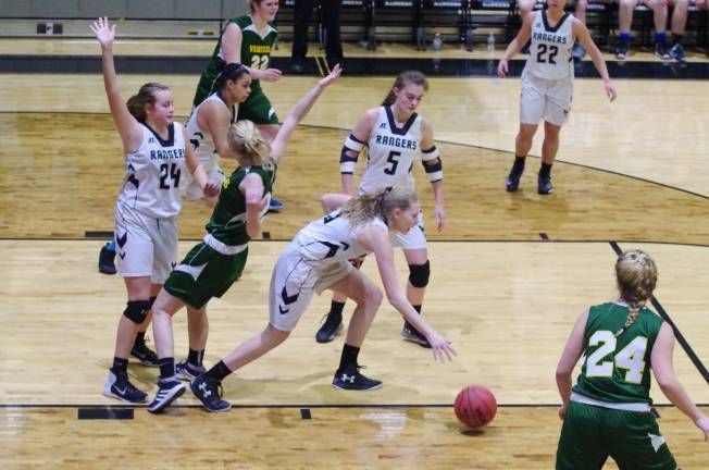 Veritas girls beat Wallkill in hoops Wallkill Valley's Jamie Struble dribbles the ball away from traffic.