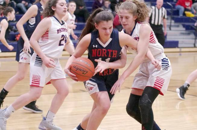 Lenape Valley vs North Warren North Warren's Maddie Allen handles the ball in the first quarter. Allen scored 4 points.