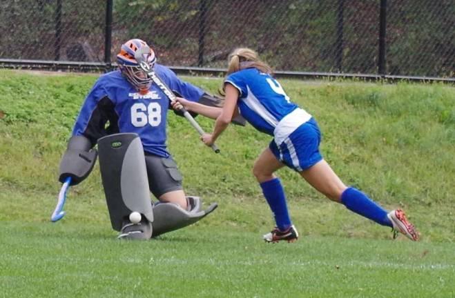 Kittatinny outlasts Lenape Valley in OT Lenape Valley goalie Kaylee Gentilucci blocks a shot by Kittatinny's Francesca Perrotti during overtime play. Moments later Perrotti was able to score the game winning goal with an assist by teammate Carlee Lehmkuhl. Kittatinny Regional High School defeated Lenape Valley Regional High School in varsity field hockey on Saturday, October 8, 2016. The final score was 3-2. This game started on September 14th and was stopped due to rain. The game was continued and completed on October 8th at Lenape Valley Regional High School in Stanhope, New Jersey.