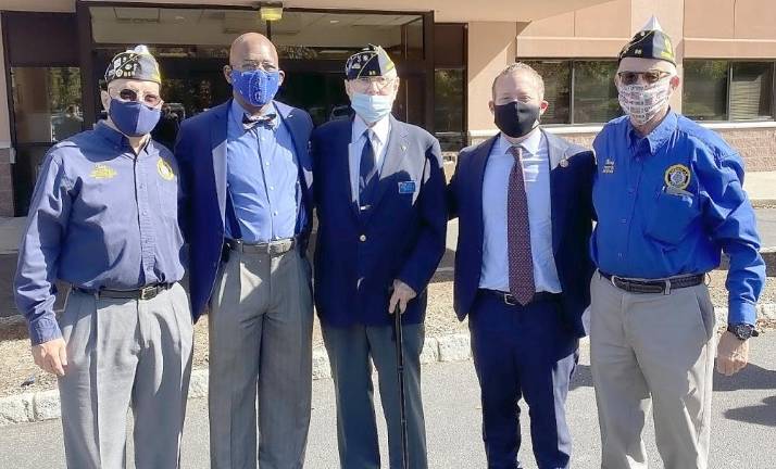 U.S. Rep. Gottheimer with (left to right) former Newton American Legion Commander and former State Vice Commander Tony Gallopo, Vernon Mayor Howard Burrell, Newton American Legion Post #86 officer Ray Dalton, and Commander of the Newton American Legion Post #86 Harry Kaplan. (Photo provided)