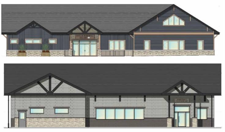 These are renderings of the proposed municipal building, top, and police headquarters that would be built if voters approve a referendum on the Nov. 7 ballot. (Photos courtesy of Byram Township)