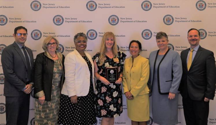 From left are Adam Kendler, a Sussex County special-education specialist; Gayle Carrick, executive county superintendent of schools; Angelica Allen-McMillan, acting commissioner of the state Department of Education; Tara Scrittore, 2024 Sussex County Teacher of the Year; Kathy Goldenberg, president of the New Jersey State Board of Education; Kimberly Sigman, chief school administrator of the Hamburg School District; and Michael Slattery, a Sussex County education specialist. (Photo provided)