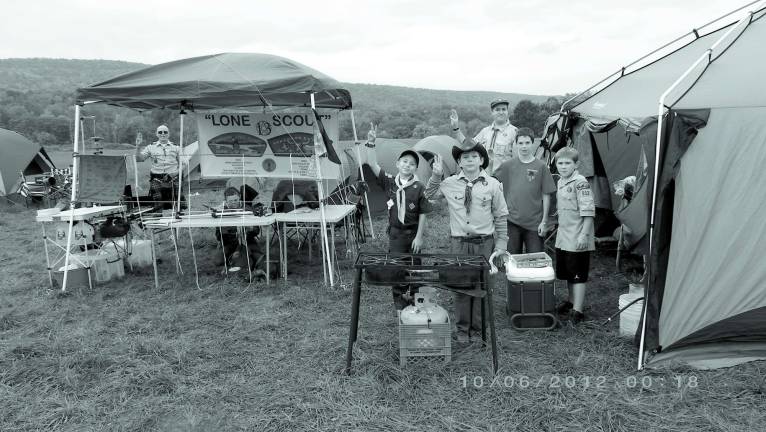Space Farms hosts Sussex District Boy Scout Camporee Captain Richard A Briggs Jr. (left) escorted Lone Scouts 13 members Melaynne, Connor and Richard, to join Boy Scouts, Michael (back row), David and Claude of Troop 912 to the Sussex District Camporee at Space Farms.