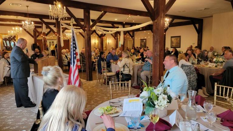 Raising funds to stop crime Sussex County Sheriff Michael Strada speaks at the Crimestoppers Spring Fundraiser Reception on April 27 at the Farmstead Golf & Country Club in Lafayette. ‘I am thankful to have the support of the residents of Sussex County in keeping our county safe. Please continue to reach out to Crimestoppers if you any information relating to a crime,’ he said. (Photo provided)