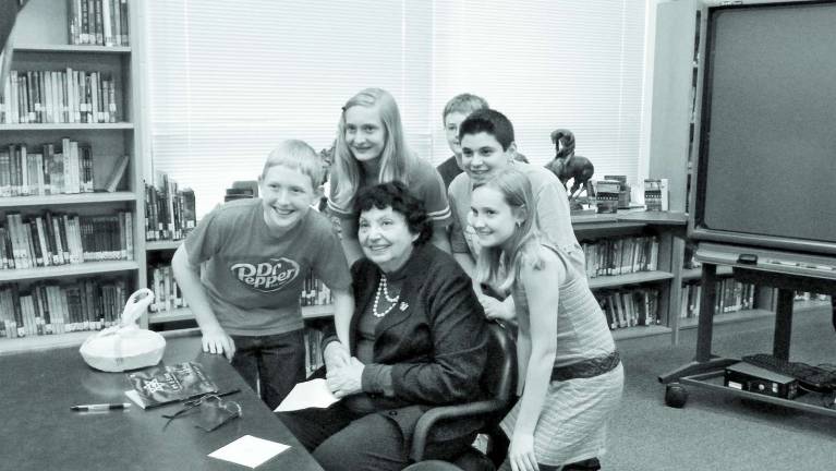 Holocaust survivor visits Byram Intermediate School Byram Intermediate seventh grade students with Inge Auerbacher. From left: Matthew Oscovitch, Madison Dudziec, Dalton Allison, Zachary Gallo and Lily Naylorith.