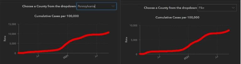 These graphs from the Pennsylvania Department of health on Sept. 15 show the curve of Pike County cases (right) going up more sharply than cases statewide (left).