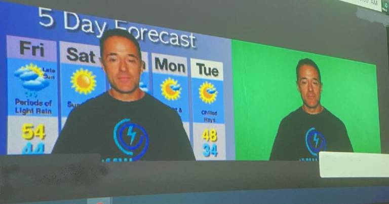 Byram students meet a broadcast meteorologist Meteorologist John Marshall demonstrated how green screen technology works to project the weather map behind him while he forecasts the weather on television (Photo provided)