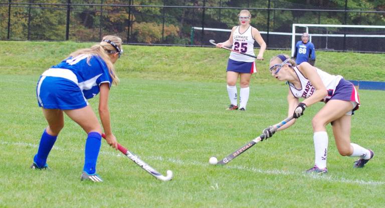 Kittatinny outlasts Lenape Valley in OT Kittatinny's Carlee Lehmkuhl faces Lenape Valley's Sarah Canfield as she drives the ball.