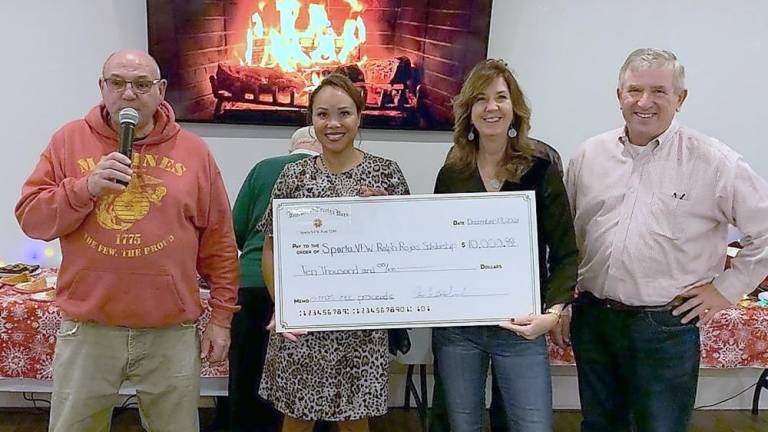 Sparta VFW offers $13,000 in scholarships to county veterans, doubling last year’s amount The Sparta VFW accepts $10,000 in 2021 Christmas tree sales funds to be used towards this year's Ralph Rojas Scholarships (from left): Peter Litchfield, Rosemarie Russell, Jackie O’Donnell, Stan Tryba. (Photo by John Schoch)