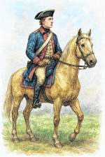 <b>A view of Richard Edsall wearing a Lieutenant’s uniform for the Continental line during the Revolution. He is riding a palomino colonial farm horse. </b>