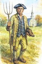 <b>An illustration of Sussex County’s Benjamin Chamberlain, local farmer and supplier to the Continental troops; shown with his pitchfork and shoe for the soldiers. A view of the Sparta Presbyterian Church, of which he was a key member, is behind him. </b>