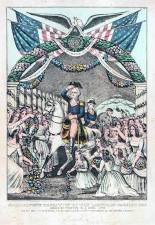 <b>These postcard shows the reception of George Washington as he crosses the Trenton Bridge.</b>