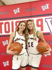 Alyssa Canfield, left; Victoria Erlemann; and Laney Kenny, not pictured, are the senior captains of the Lenape Valley Regional High School girls basketball team. (Photo provided)