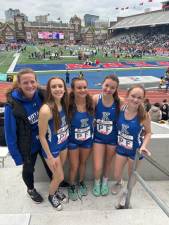 From left, Coach Melissa Fischer, Iris Wikander, Ashley Gordon, Sophia Molfetto and Holly Sadjack at Franklin Field in Philadelphia after the Kittatinny team competed in the 4x100 meter relay. (Photos by Laurie Gordon)