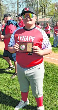 John D'Agostino holds a Lenape Valley Little League 12U all-star award.