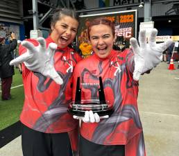 KB1 Kylie DePalma, left, and Kora Garcia are drum majors of the Kittatinny Regional High School Marching Band, which placed third of 11 bands in its division Saturday, Oct. 7 at the USBands Ludwig-Musser Classic at MetLife Stadium in East Rutherford. (Photo provided)
