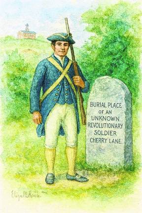<b>An illustration of Sussex County’s unknown soldier along Cherry Lane in Hampton, with a view of the courthouse behind it.</b>