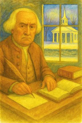 <b>Robert Ogden II, Esq., shown at his desk on his farm in Hardyston Township with his legacy, the Sparta Presbyterian Church, of which he was a founding member and supporter. (AI photo rendered on data by Bill Truran, who endorses it as historically representative) </b>