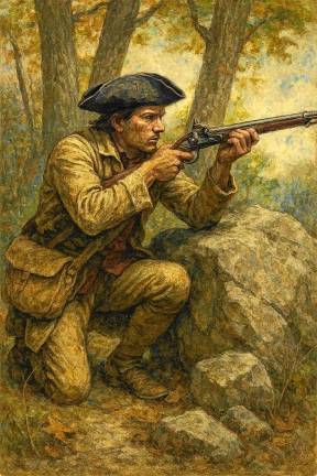 <b>Moses DeWitt at the Battle of Minisink. (AI photo rendered on data by Bill Truran and endorsed as historically representative) </b>