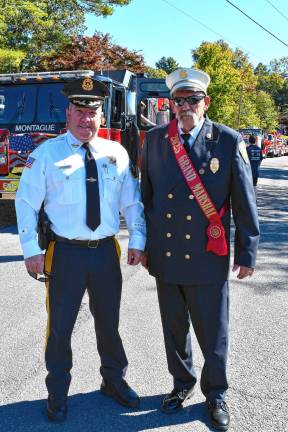 <b>ID4 Sussex County Sheriff Mike Strada, left, with Dave Coss, chief of the Montague Volunteer Fire Department and grand marshal of the annual Sussex County Firemen’s Association Inspection Day &amp; Parade.</b>
