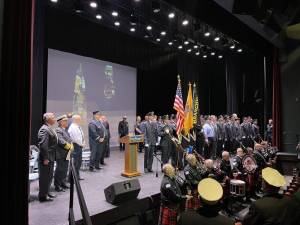 FF1 Sussex County Community College’s Public Safety Training Academy holds its annual firefighters graduation in the Performing Arts Center. The Bergen County Firefighters Pipe Band performed during the ceremony.(Photos provided)