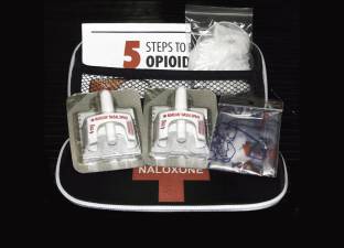 Naloxone nasal delivery method of Narcan distributed by healthcare professionals to help combat opioid crisis and reverse the effects of opioid overdose.