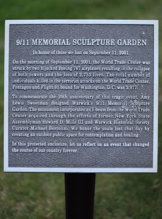 9/11 Memorial Sculpture Garden remembrance plaques on display in Stanley Deming Park, Warwick, NY. Photos by Aja Brandt
