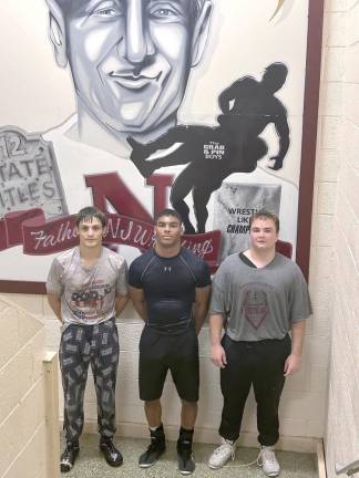 From left are Michael Melillo, Thaylor Sibblies and Brody Guerra, captains of the Newton High School wrestling team.