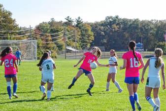 Kittatinny's Kendra Deckert (18) reacts to the ball in a home game against Hopatcong on Oct. 3. The Cougars won, 7-1, to advance in the Hunterdon/Warren/Sussex Tournament. (Photos by George Leroy Hunter)