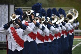 Performers from the Lenape Valley Regional High School Marching Patriots in Stanhope showcase their musical talents during the West Milford Highlander Marching Classic. (Photo by Rich Adamonis)