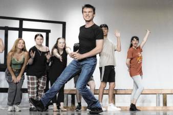 <b>Logan Frazer, front, as Nigel Bottom with dancers, from left, Maddy Sutton, Hayley Frazer, Blair Lanza, Thomas Fossett and Madisyn Rojas rehearse a dance number from ‘Something Rotten!’ (Photo provided)</b>