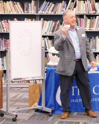 Bill Ashnault of the Garden State Pharmacy Owners association talks to Sparta High School students about opioids and brain chemistry during a Stop Opioid Abuse Program (SOAP) presentation on Wednesday, Mar 4, 2020.