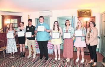 <b>From left, Lillian Gallant (Kittatinny Regional High School), Keira Graham (Sussex County Technical School), Hayden Kopco (Sparta High School), Anthony Peluso (Wallkill Valley Regional High School), Zoe Mills (Newton High School), Mila Valentin (Pope John XXIII Regional High School); Halle Williamson (Veritas Christian Academy) and Sally Burns, Good Citizens Award Chapter Chair.</b>
