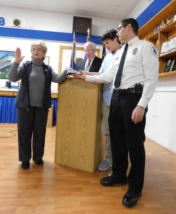 Diana Kuncken renews her oath of office for a new term as a councilwoman in Stanhope on Tuesday, Jan 7, 2020. Reading the oath is Sussex County Clerk Jeff Parrott as two of Kuncken’s grandsons hold the bible.