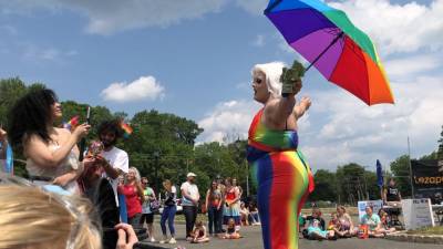 A drag performer known as Cookie Doe poses for a photo at the Pride Celebration on Saturday, June 10 in Newton. (Photos by Kathy Shwiff)