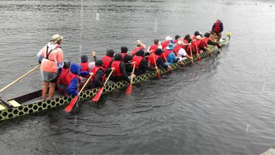 DR1 Teams of up to 20 rowers and a drummer compete Saturday. Sept. 23 in dragon boats on Cranberry Lake in Byram. (Photos by Kathy Shwiff)