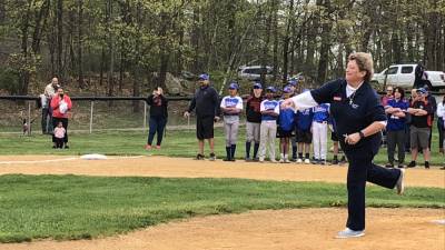 Stanhope Mayor Patricia Zdichocki throws out a first pitch. (Photos by Kathy Shwiff)
