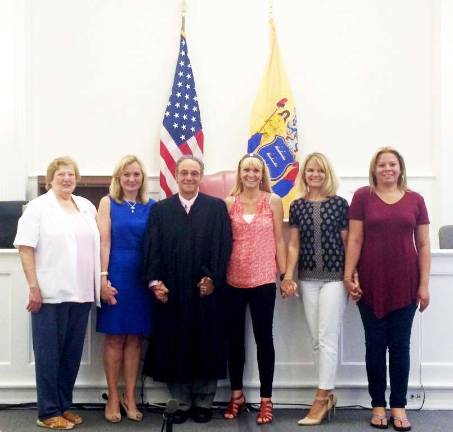 On June 30, 2016 volunteers were sworn in as Court Appointed Special Advocates for children at the Morris County Courthouse. Pictured (l-r) are: Barbara Buran, Kathy McBrady, The Honorable Philip J. Maenza, Sheri Pesce, Christine Wenslau, and Ana Espino.