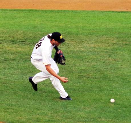 Sussex Miners infielder Nick Giarraputo moves towards the ball during a play in the first inning. On the hitting side Giarraputo extended his hitting streak to 19 games.