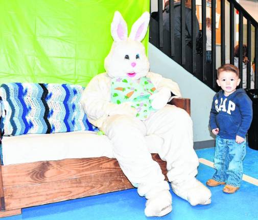 Easton Thompson poses with the Easter Bunny at Hampton Township Fire &amp; Rescue’s pancake breakfast Sunday, March 10. (Photo by Maria Kovic)