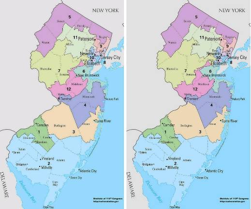 Left: New Jersey's congressional districts since 2013. Right: New Jersey's congressional districts from 2023