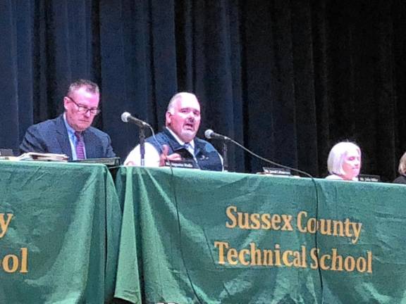 Jarrod Cofrancesco, president of the Sussex County Technical School Board of Education, speaks at the meeting Thursday, April 18. At left is Superintendent/Principal Gus Modla.