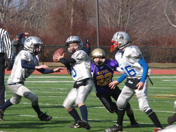 Silver quarterback James Franco is about to throw with Purple defensive lineman Mike DePalo(22) breathing down his neck in the pee wee game. Franco plays for the Kittatinny Cougars. DePalo plays for the West Milford Highlanders.