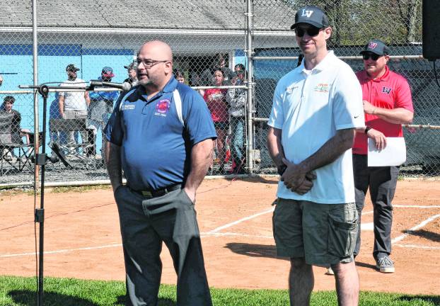 Netcong Mayor Elmer M. Still and Byram Mayor Alex Rubenstein give a speech.