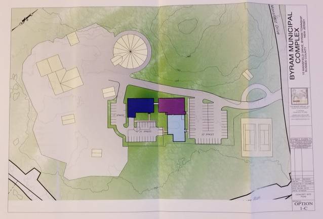The Byram Township Council passed a resolution on Monday, June 3 to authorize the Nader Group, LLC to begin the next phase of testing and planning on the new municipal complex. The design seen here, labeled 1C, is the preliminary design for the site.&#xa0;