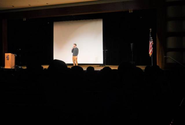 Youth motivational speaker Kyle Scheele holds the attention of more than 800 middle school students during an annual anti-bullying summit on Friday, Oct 25, 2019 at Sparta High School.