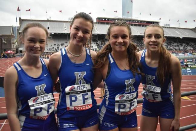From left, Holly Sadjack, Sophia Molfetto, Ashley Gordon and Iris Wikander after they competed in the Penn Relays 4x100 meter relay.